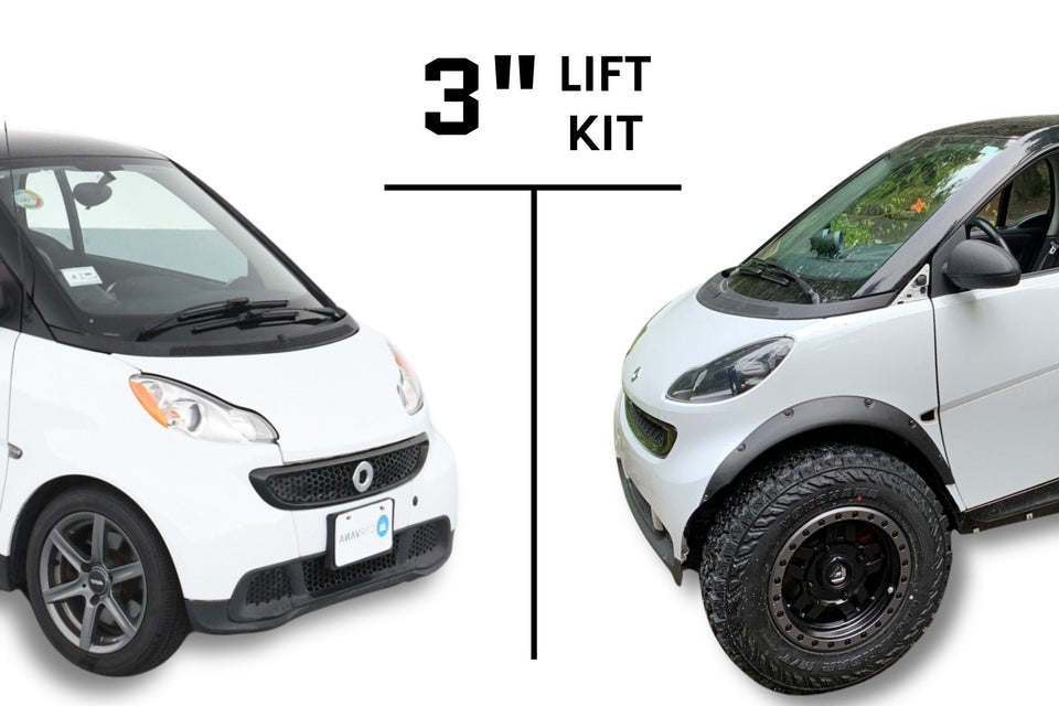 Stock vs lifted Smart Fortwo 451 with the 3" lift kit, off-road wheels and all-terrain tires