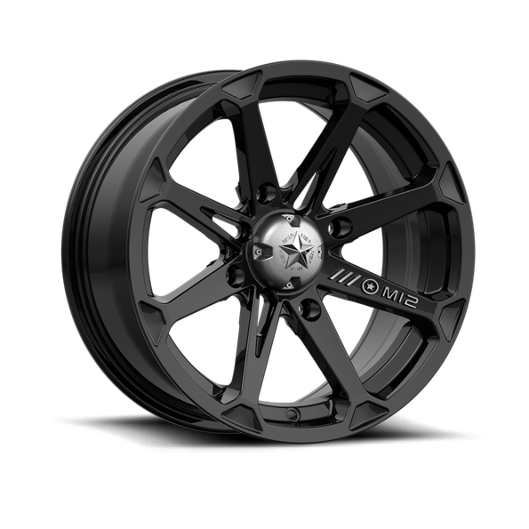 Black alloy wheel with star design on a white background