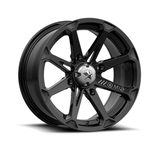 Black alloy wheel with star design on a white background