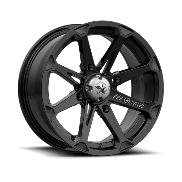 Black alloy wheel with star design on a white background