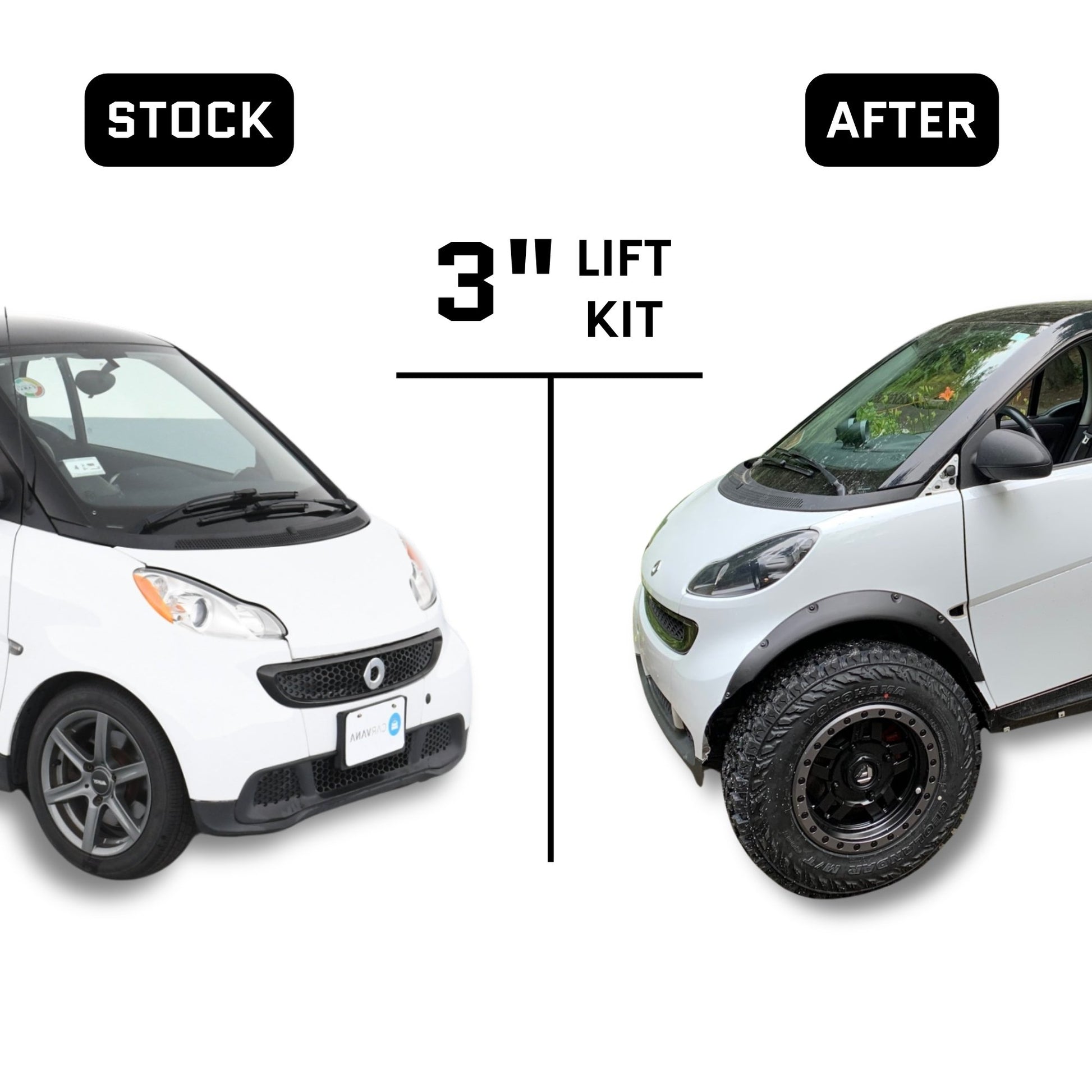 Stock vs modified Smart car with 3-inch lift kit and off-road tires comparison