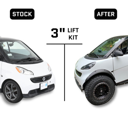 Stock vs modified Smart car with 3-inch lift kit and off-road tires comparison